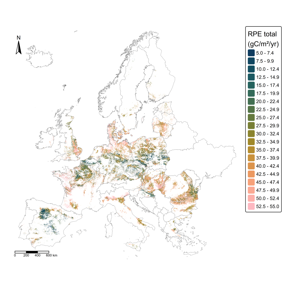 Spatial distribution of the RPE for European croplands (cereals, oilseeds, and rooting crops) for the average year of the 2010-2020 decade. Each pixel contains at least 50% of croplands